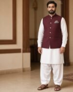 Maroon Classic Three Piece waistcoat with white kameez shalwar – Rumaan Robe