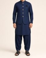 Navy Gold-Button Classic Three Piece – Kameez Shalwar with Waistcoat