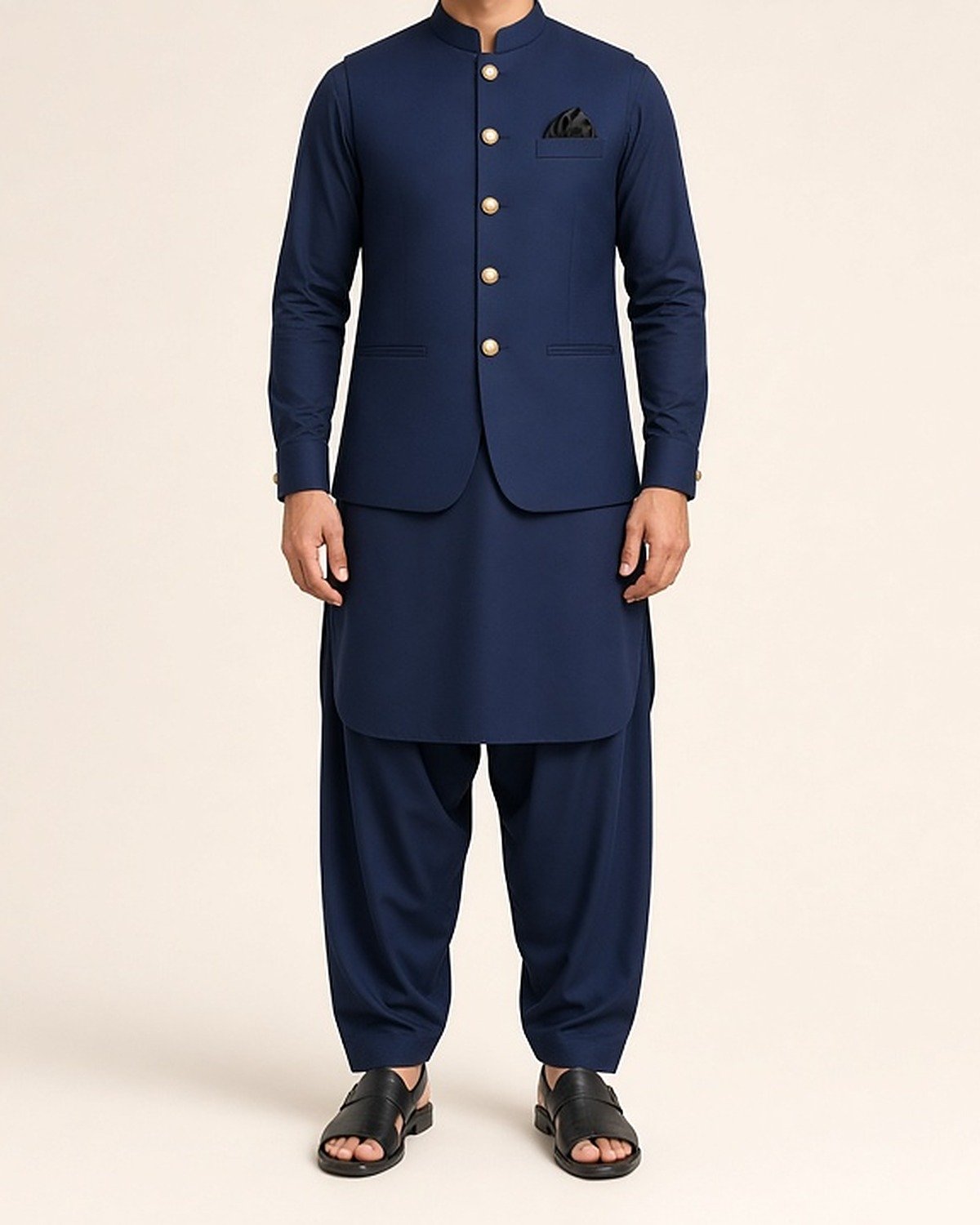 rr-classic-navy-gold-3pc-front-1200x1500 Navy Gold-Button Classic Three Piece – Kameez Shalwar with Waistcoat - Image 1