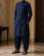 Navy Gold-Button Classic Three Piece – Kameez Shalwar with Waistcoat - Image 4