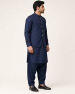 Navy Gold-Button Classic Three Piece – Kameez Shalwar with Waistcoat - Image 2