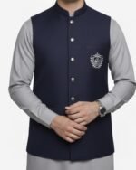 Navy Crest Classic Three Piece – Waistcoat with Grey Kameez Shalwar