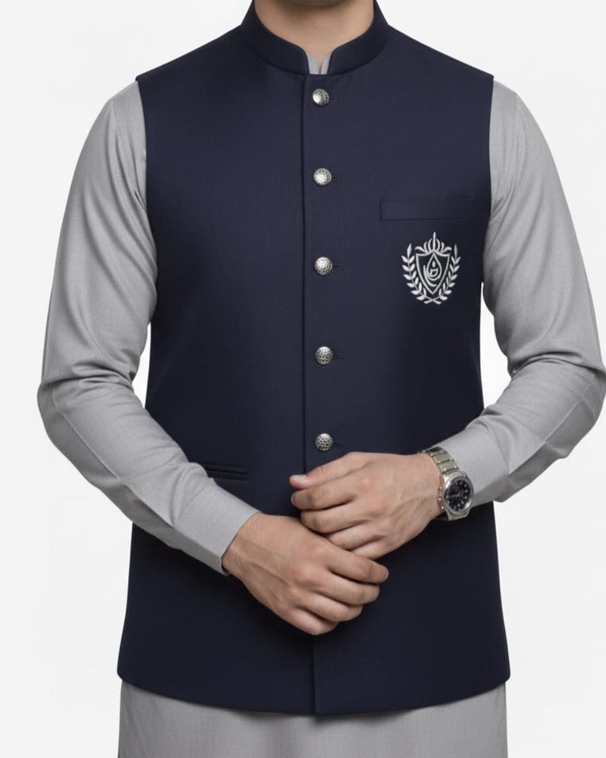 rr-classic-navy-grey-3pc-01-front-1200x1500 Navy Crest Classic Three Piece – Waistcoat with Grey Kameez Shalwar - Image 1