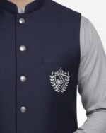 Navy Crest Classic Three Piece – Waistcoat with Grey Kameez Shalwar - Image 2