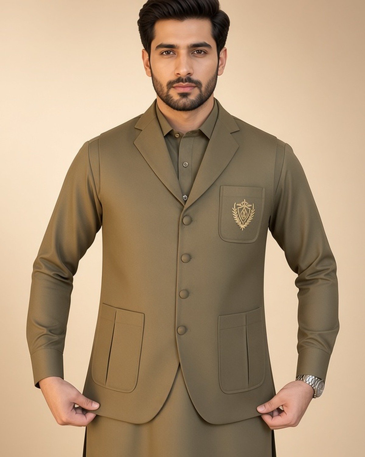 rr-classic-olive-3pc-front-1200x1500 Classic Olive Three-Piece Waistcoat Set | Rumaan Robe - Image 1
