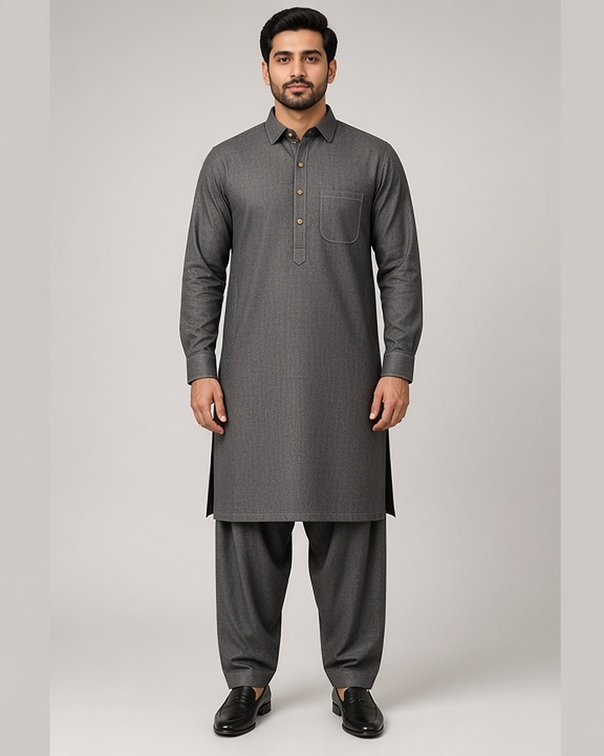 rr-signature-charcoal-ks-01-model-1200x1500 Charcoal Grey Signature Kameez Shalwar - Image 1