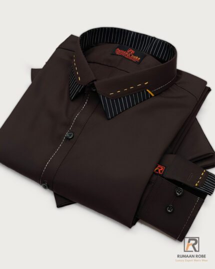 Dark Brown Pinstripe-Collar Classic Kameez Shalwar front