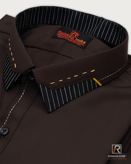 Dark Brown Pinstripe-Collar Classic Kameez Shalwar collar
