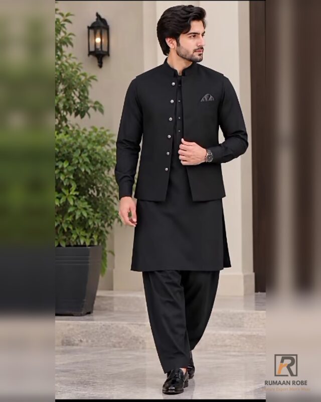 Front view — Rumaan Robe Black Signature three-piece waistcoat with silver buttons and matching kameez shalwar