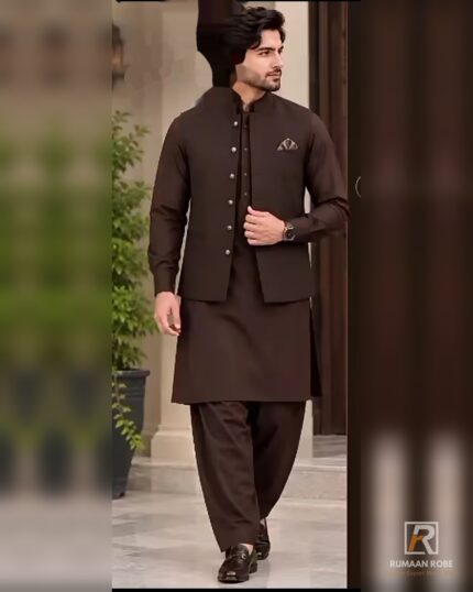 Front view — Rumaan Robe Dark Brown Signature three-piece waistcoat with silver buttons and matching kameez shalwar