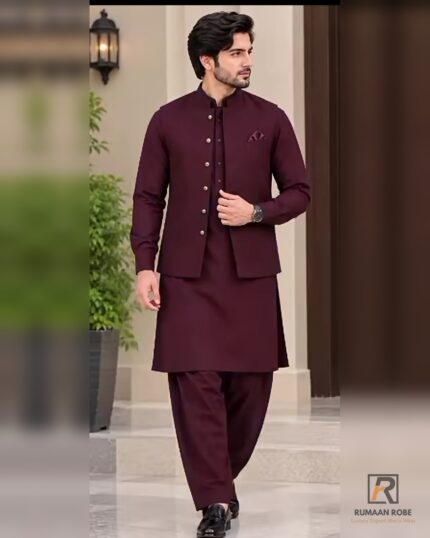 Front view — Rumaan Robe Maroon Signature three-piece waistcoat with silver buttons and matching kameez shalwar