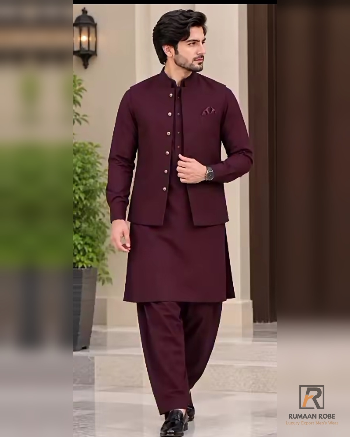 RR-SG-MRN-3PC Front view — Rumaan Robe Maroon Signature three-piece waistcoat with silver buttons and matching kameez shalwar