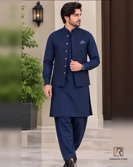 Front view — Rumaan Robe Navy Signature three-piece waistcoat with silver buttons and matching kameez shalwar