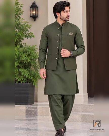 Front view — Rumaan Robe Olive Green Signature three-piece waistcoat with silver buttons and matching kameez shalwar
