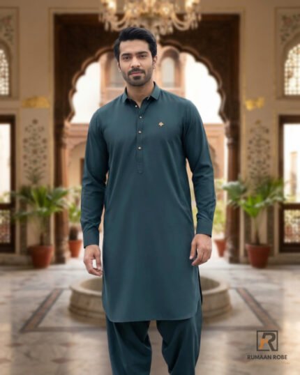 Teal Green Signature Kameez Shalwar – Rumaan Robe – front