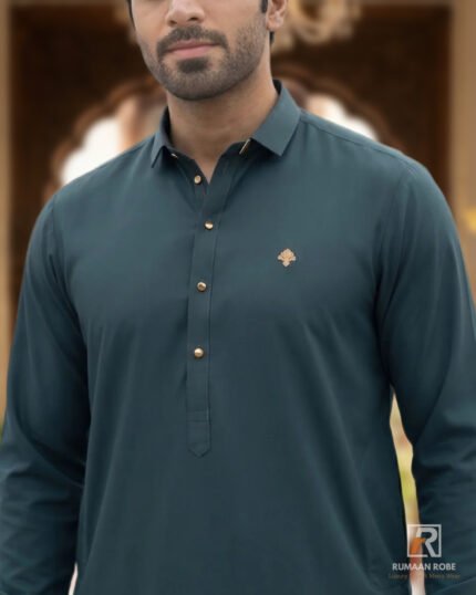 Teal Green Signature Kameez Shalwar – Rumaan Robe – close-up