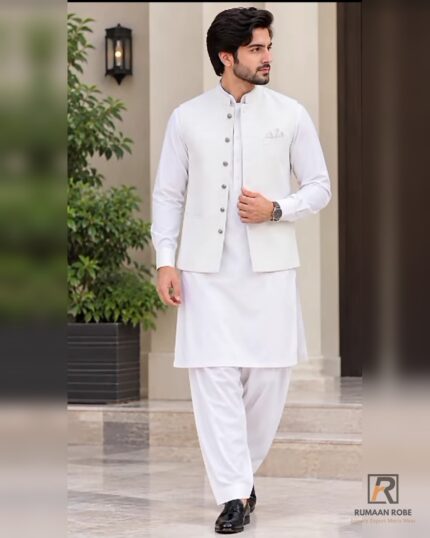Front view — Rumaan Robe White Signature three-piece waistcoat with silver buttons and matching kameez shalwar