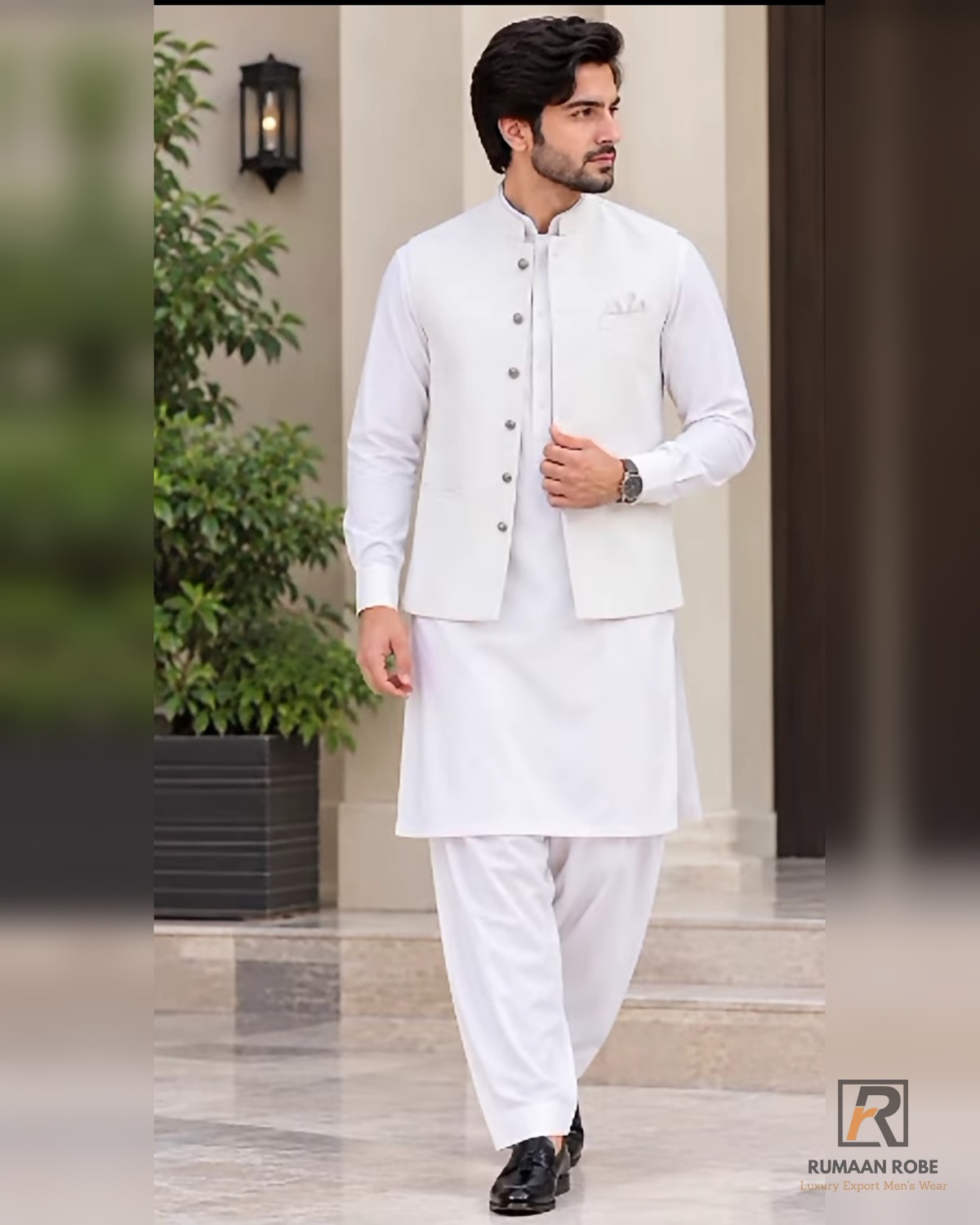 RR-SG-WHT-3PC Front view — Rumaan Robe White Signature three-piece waistcoat with silver buttons and matching kameez shalwar
